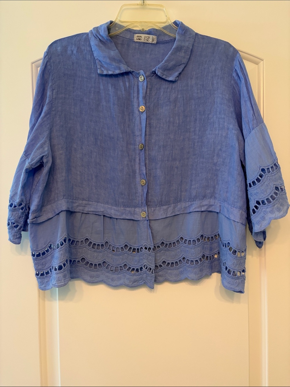 Light Blue Eyelet Hem Linen Blend Button-Front Relaxed Fit Top